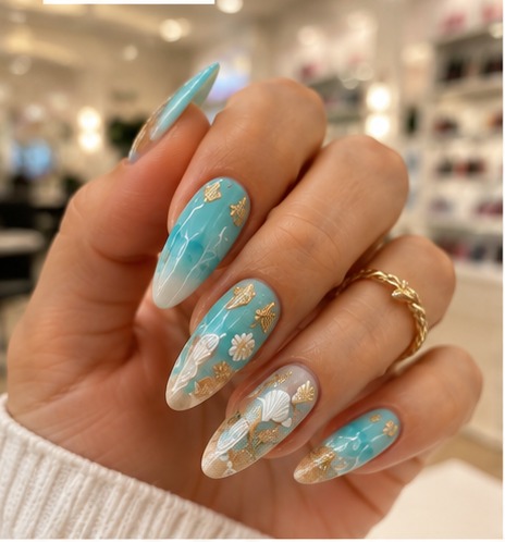Turquoise beach nails with seashell and gold starfish art
