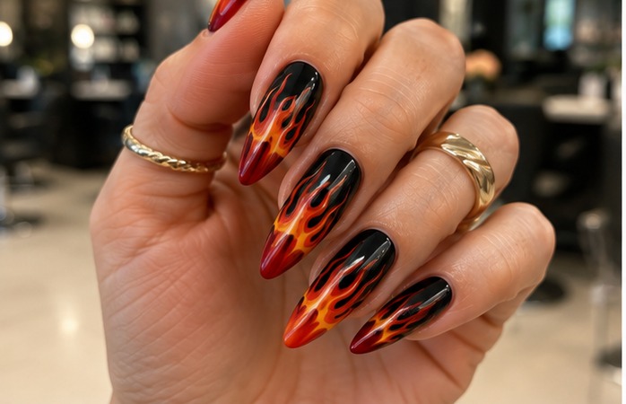 Black stiletto nails with red and orange flame art