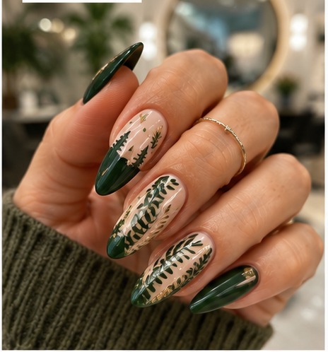 Forest green nails with hand-painted fern leaves