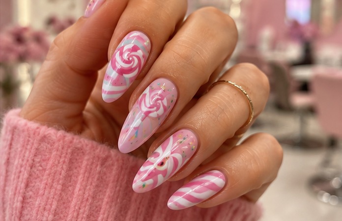 Pink candy swirl nails with glitter sprinkles